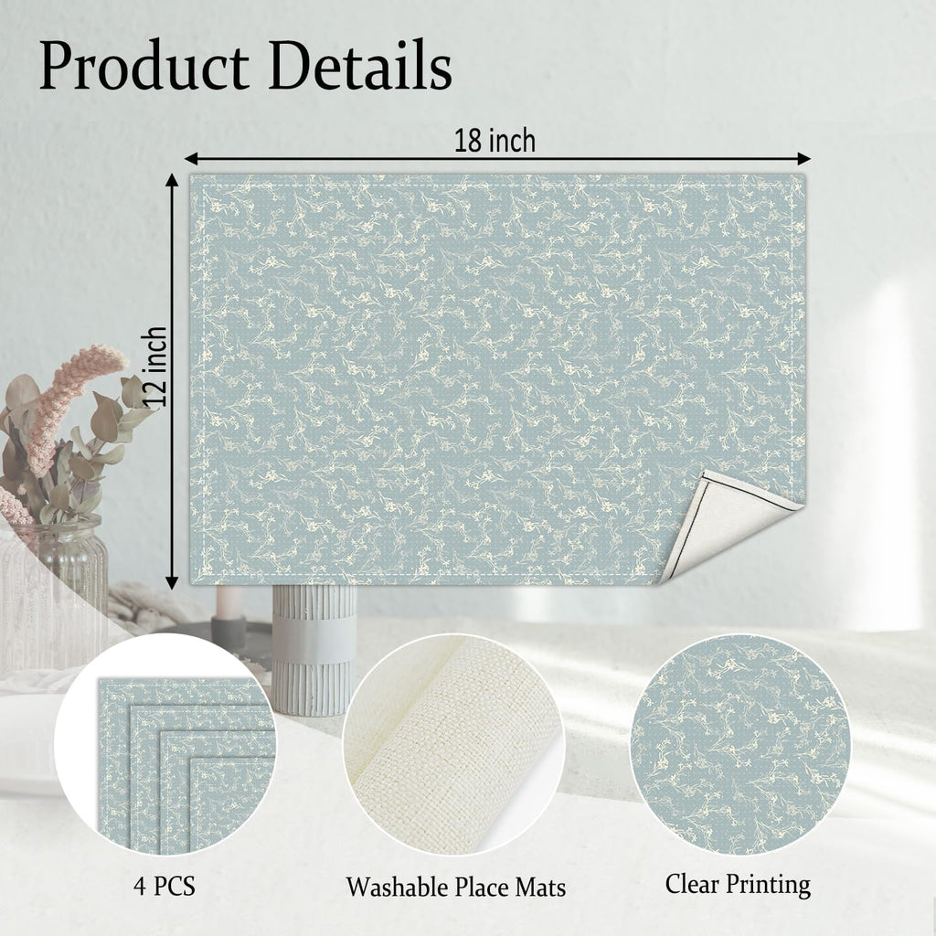 Blue Placemats Set of 4, Flower Table Mat for Home Kitchen, Restaurants, Outdoor Linen Washable Place Mats 12x18 inch Party Event Dining Decoration-13