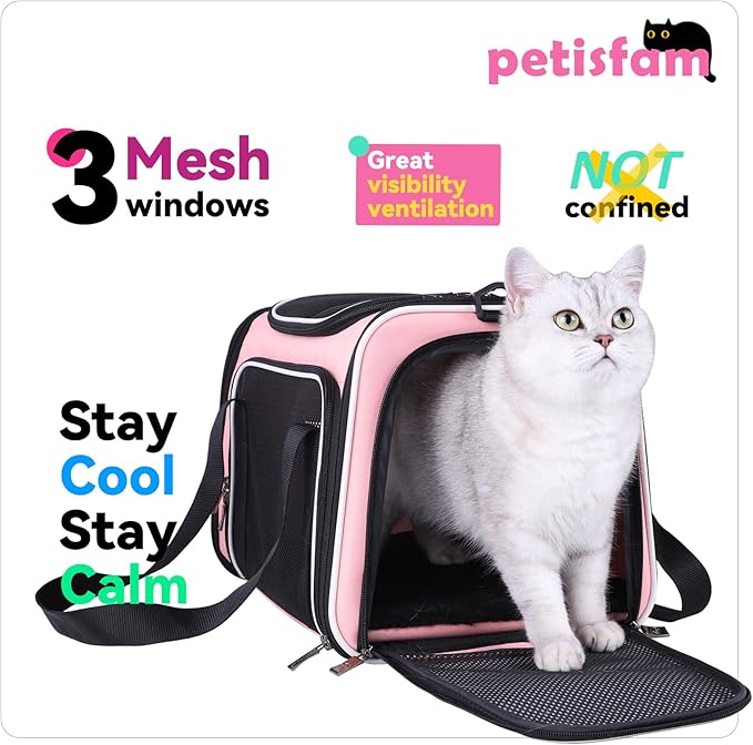 petisfam Soft Pet Carrier for Medium Cats and Small Dogs with Cozy Bed, 3 Doors, Top Entrance | Airline Approved, Escape-Proof, Breathable, Leak-Proof, Easy Storage (Pink)