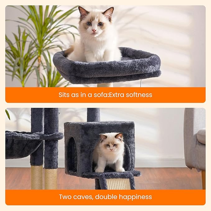 Heybly Cat Tree with Cat Self Groomer Brush, Cat Tower Condo for Indoor Cats with Padded Plush Perch, Cat House with Basket Scratching Board Post, Smoky Gray HCT005SG