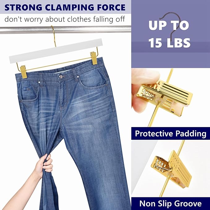 Amber Home 24 Pack White Wooden Pants Hangers with Gold Clips, Wood Skirt and Trouser Hangers for Jeans, Slacks, Shorts