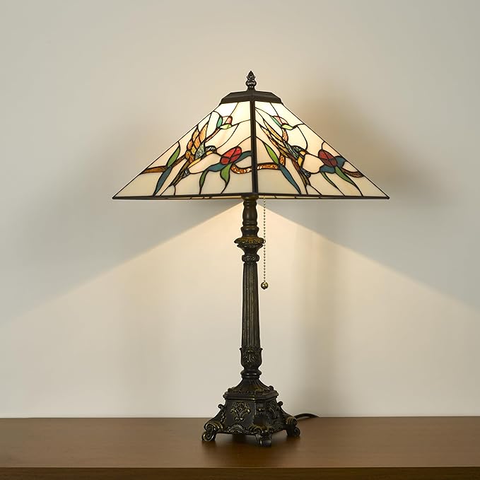 Tiffany Table Lamps White Stained Glass Hummingbird Style Mission Desk Lamp 12X12X24 Inch Bronze Resin Base