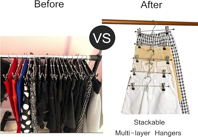 Amber Home 12 Pack Heavy Duty Add on Metal Pants Skirt Hangers, Stackable Add-on Metal Clothes Hangers with 2-Adjustable Clips, Cascading Clip Hangers Space Saving for Jeans, Slacks