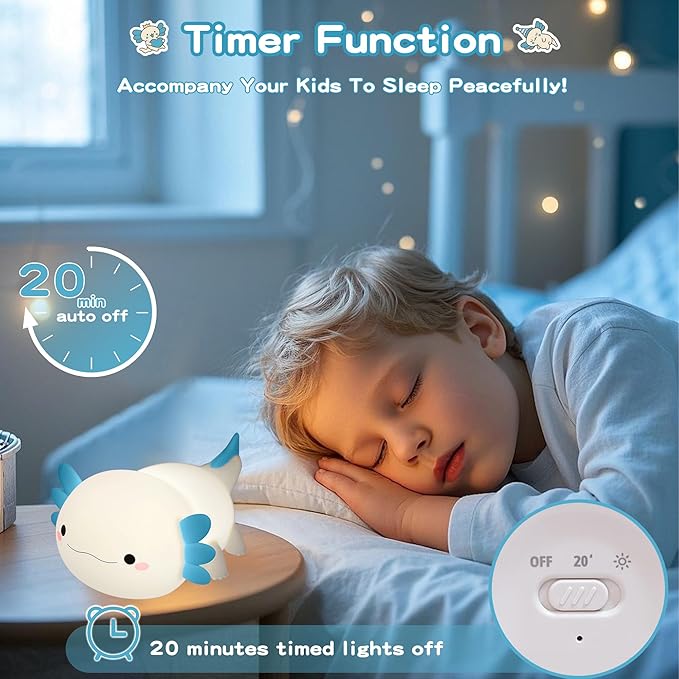 Axolotl Night Light,Cute Axolotl Lamp,Food Grade Silicone Nursery Nightlight,Rechargeable/Dimmable LED Squishy Novelty Animal Bedside Touch Lamp,Baby Room Decor, Axolotl Gifts for Kids/Boys