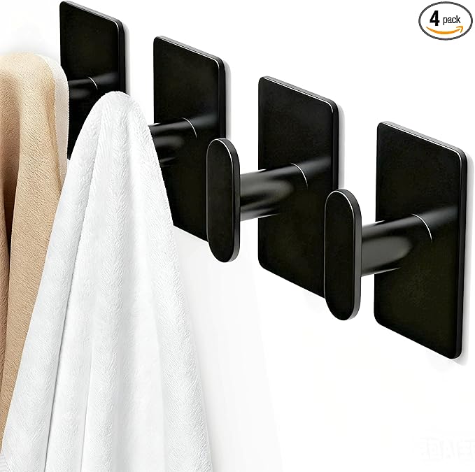 pickpiff Adhesive Towel Hooks for Bathroom: 20LB Extra Strong Wall Hanger for Shower Kitchen RV Dorm Apartment, Black 4 Pack