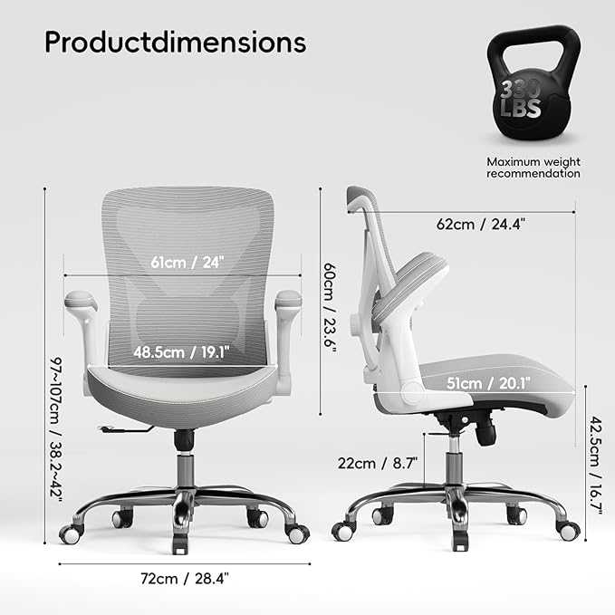 Office Home Ergonomic Desk Chair-Computer X-Shaped Chair Mesh PU Leather with Adjustable Lumbar Support-Executive Chair High Back Flip-Up Arms for Long Hours (White-Grey-No Headrest)