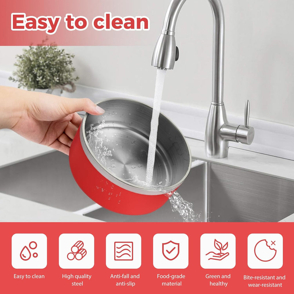 Stainless Steel Dog Bowl, Metal Water and Food Dish for Large Dogs, Insulated Non-Slip Pet Bowl, Easy Clean, 40oz, Red