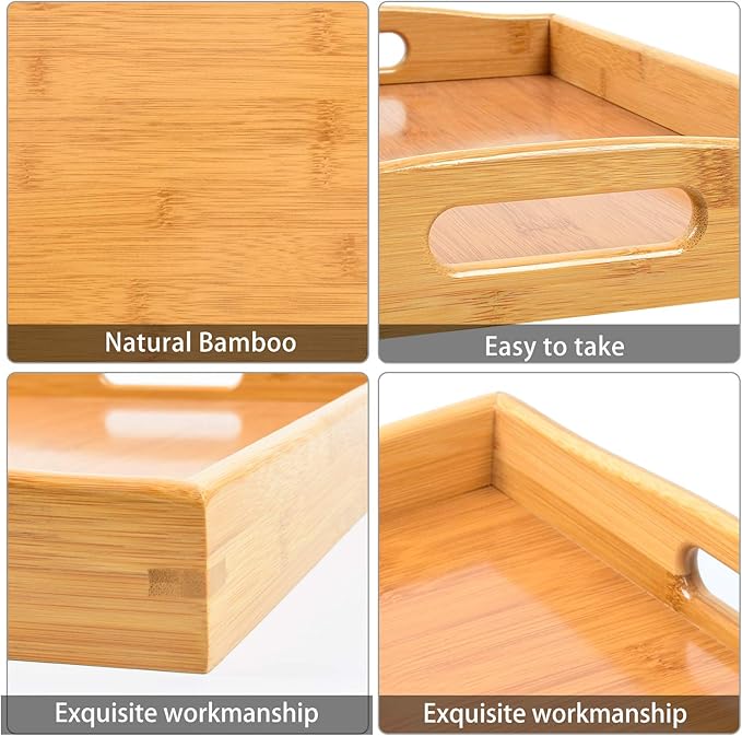 3 Pack Bamboo Serving Trays with Handles, Rectangular Kitchen Food Tray for Eating, Dinner Trays for Eating on Couch, Wood Serving Platter for Breakfast, Tea, Bar, Restaurant, Party or Bed (Beige)