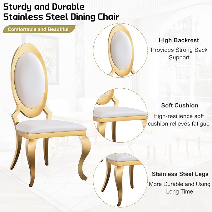 7-Piece Dining Table Set for 6, Faux Marble Modern Dining Table Set with 6 Big Oval Backrest Chairs, 70“ Stainless Steel Legs Table & Chair Set for Kitchen, Dining Room, White & Gold