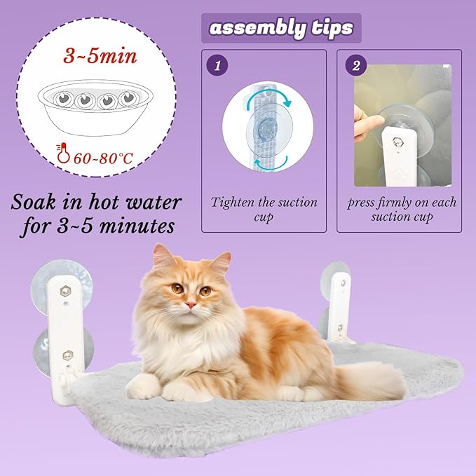 2 PCS Cat Window Perch (Medium 20.4''×11.8'') - Machine Washable Cover, 4 Large Suction Cups, Solid Metal Frame - Cordless Foldable Hammock for Indoor Cats (2×Grey)