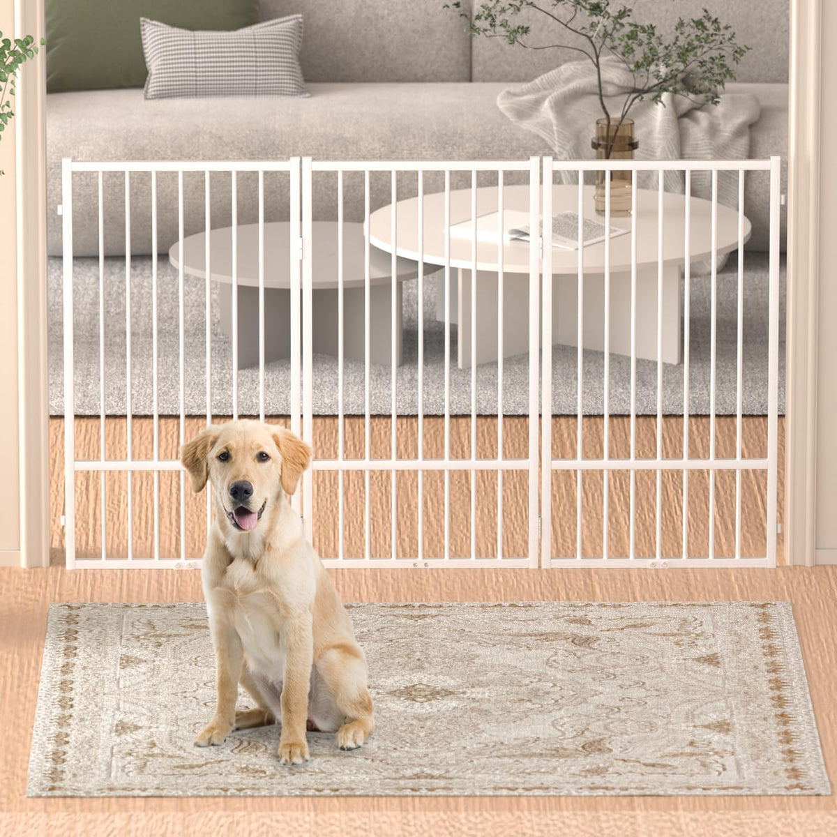Full Metal Freestanding Dog Gate with Door, 36''Height Foldable Pet Dog Fence for Indoor & Outdoor, 3 Panels Extra Wide Free Standing TallDog Gates for Doorways,House,Stairs,Porch,Deck,Yard