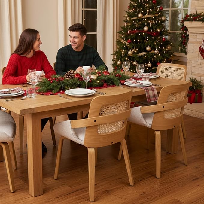DUOMAY Modern Linen Dining Chairs Set of 4, Cane Back Room Chairs with Solid Wood Legs Kitchen Chairs for Living Room, Restaurant, Beige