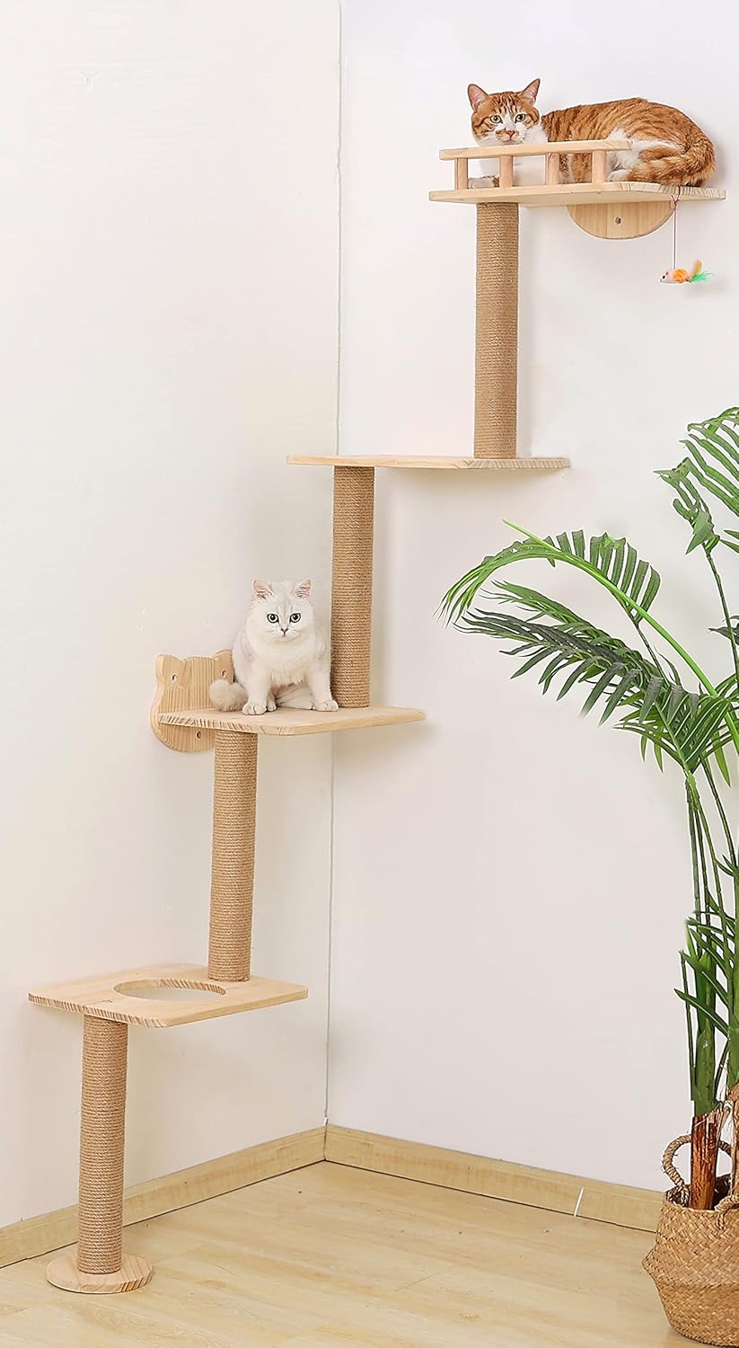 Cat Tree Wall Mounted with 4 Levels Shelves, 73" Wood Corner Tower Inside Kitten Playground for Climbing,Playing and Lounging (Left to Right)