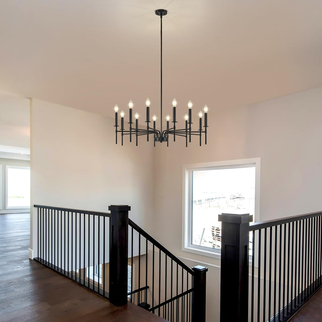 12 Light Black Chandelier Light Fixture, Modern Farmhouse Chandeliers for Dining Room Light Fixture, Metal Candle Pendant Chandelier for Foyer Entryway Stairs Living Room Bedroom Kitchen