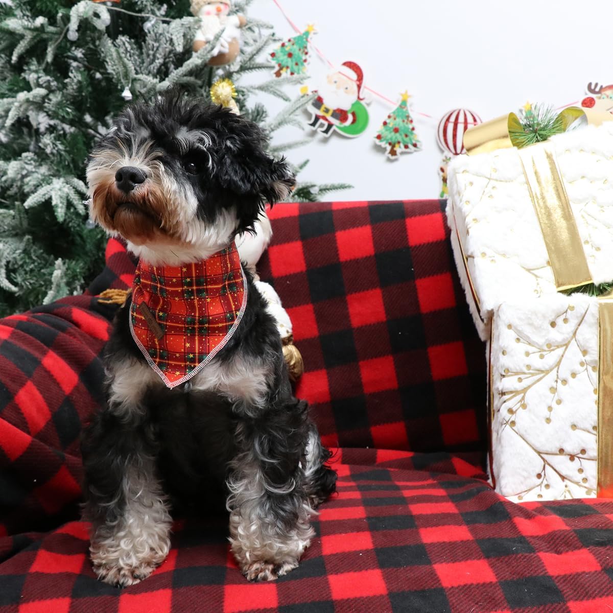 Lionet Paws Christmas Dog Bandana for Medium Large Dogs,Grid Dog Kerchief Washable Dogs Triangle Bibs Scarf for Girl or Boy