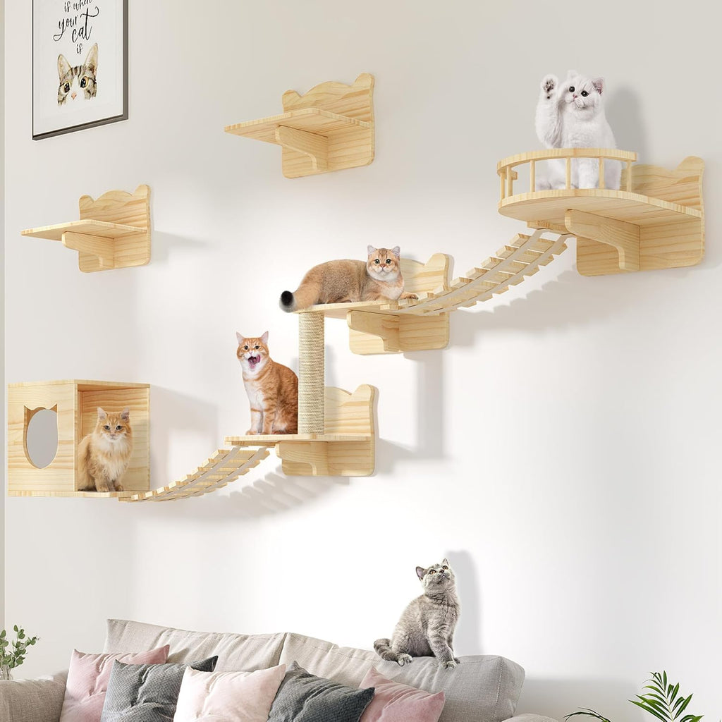 Cat Wall Shelves, Cat Wall Furniture Pine Wooden Feline Shelf, 9 Piece Shelves and Perches with Bed, House, Steps, Bridge Ladder and Scratching Post