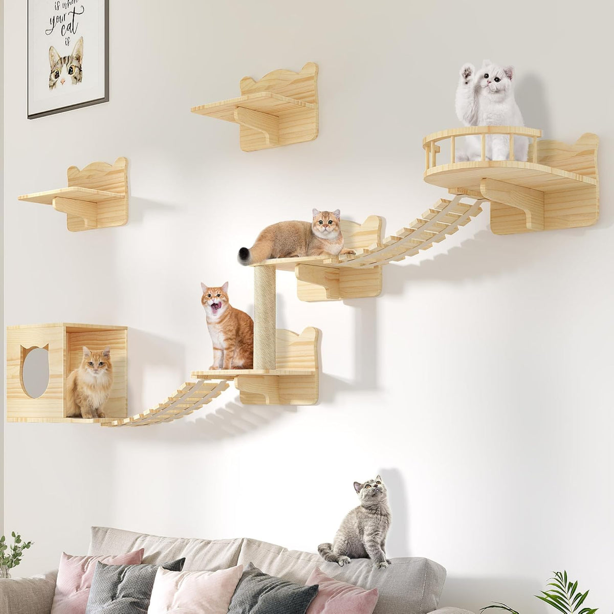 Cat Wall Shelves, Cat Wall Furniture Pine Wooden Feline Shelf, 9 Piece Shelves and Perches with Bed, House, Steps, Bridge Ladder and Scratching Post