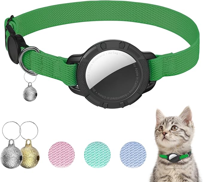 AirTag Cat Collars, Stretchy Collar with Apple AirTag Holder and Bell, Breakaway Ultra Design Elastic GPS Tracking Collars for Cats and Puppies, (7.5-12.5 Inch), Emerald Green