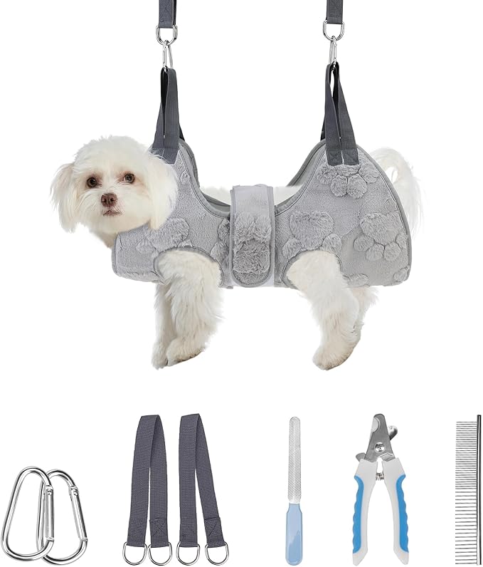 PAWCHIE Dog Grooming Hammock Harness for Dogs & Cats with Pet Nail Clipper Trimmer,Cat Hanger Sling for Trimming Clipping Nails,Warm Plush Dog Hammock Restraint Bag for Small Medium Large Dogs,Grey XS