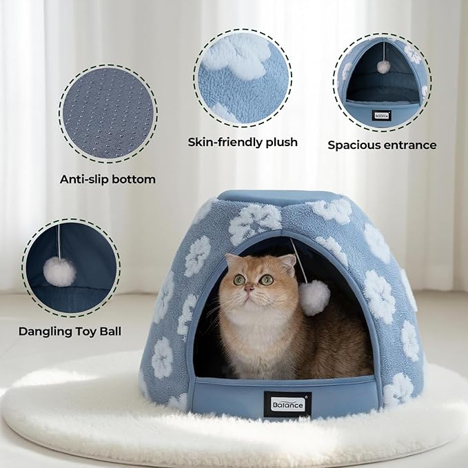 BALANCE Cat Beds for Indoor Cats, 2-in-1 Cat Bed Cave with Anti-Slip Bottom and Ultra-Soft Plush, Cozy Cats House Tent for Kittens and Small Dogs, 21 Inches, Blue