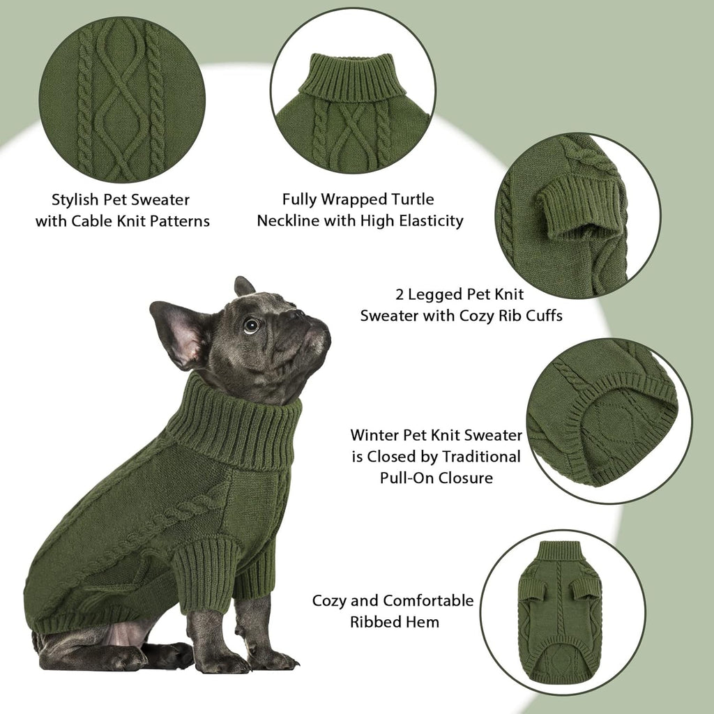 Queenmore Small Dog Pullover Sweater, Cold Weather Cable Knitwear, Classic Turtleneck Thick Warm Clothes for Chihuahua, Bulldog, Dachshund, Pug (Army Green, Small)