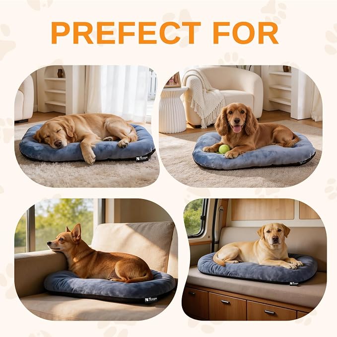 Washable Oval Large Dog Bed, Silver-Tipped High-Resilience, Dusty Blue | Non-Slip Bottom Prevents Sliding, Soft Plush Short Fur, Machine Washable, Ideal for Crates/Apartments/Cozy Nooks,35"x22"x3.2"