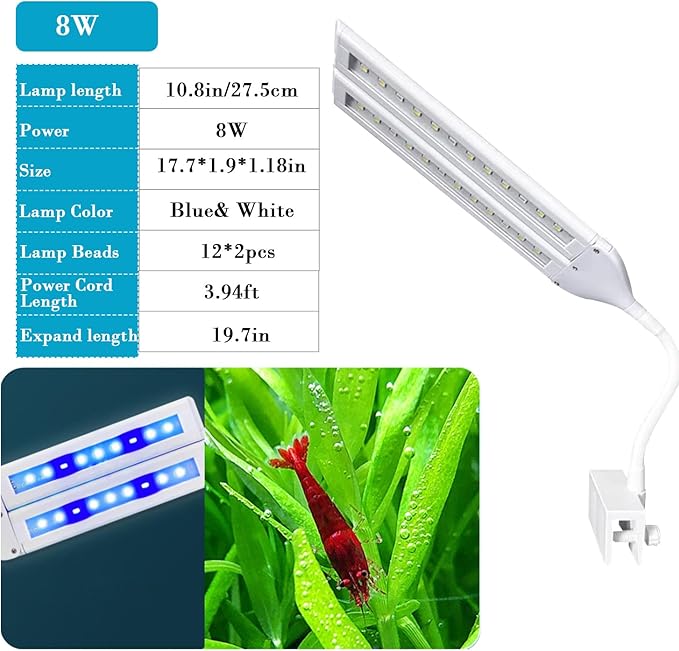 LED Aquarium Light Full Spectrum Clip Fish Tank Light Plants Light 360° Adjustable 2 Light Bar Super-Bright 8W Suitable for 20-40 Gal Fish Tank
