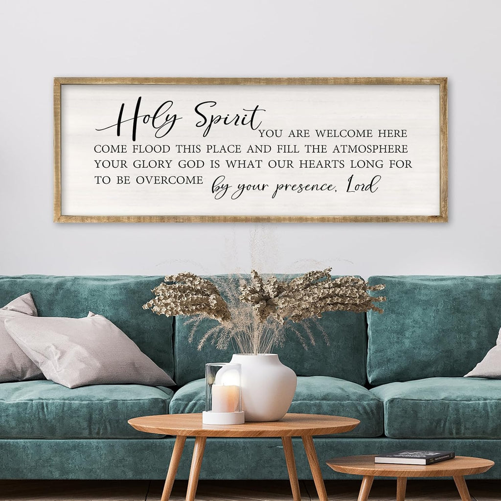 Holy Spirit You are Welcome Here Wall Decor Art 32x12 Inch Large Christian Song Bible Verse Plaque Wood Framed Sign Living Room Scripture Quote Religious For Office Wall Hanging (Wood)