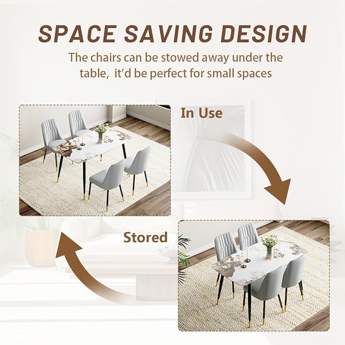 Small Dining Table Set for 4，50'' Sintered Stone Dining Table with 4 Chairs, Easy to Assemble，Suitable for Small Spaces