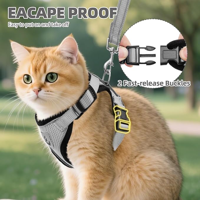 PUPTECK Cat Harness and Leash Set Escape Proof Reflective Cat Walking Harness Adjustable Soft Breathable Mesh Vest for Small Pets, Grey, S