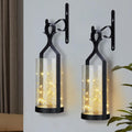 Metal Wall Sconce 35 Led Lantern Set of 2 - Black Wall Mounted Hanging Holder with Glass & Candles Vintage Wall Decor for Porch, Living Room, Dining Room, Bedroom Indoor Decor