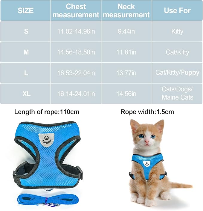 shudyear Summer cat Chest Harness and Leash, Anti-Escape Adjustable Soft mesh cat Leash and Chest Harness Set for All Types of Cats cat Vests (Size S, Sky Blue)