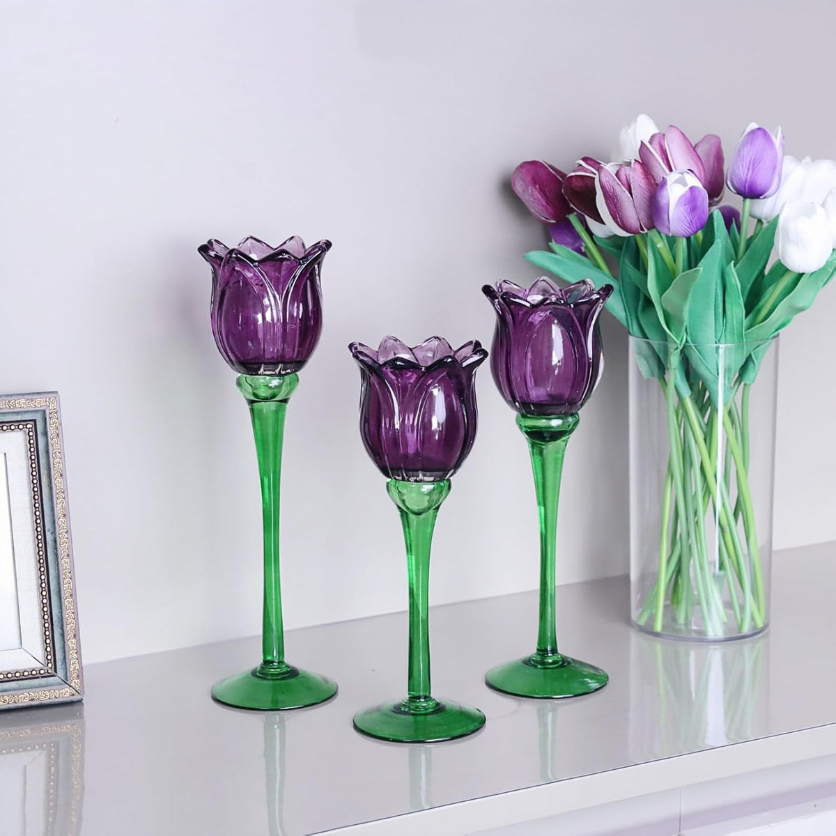 VOHO 6pcs Purple Tulips Candle Holders Gifts for Halloween, Thanksgiving, Easter, Elegant Purple Tealight Candle Holder for Modern Room Decor, Glass Tulip-Like Tea Lights Holder Wedding Holiday Table