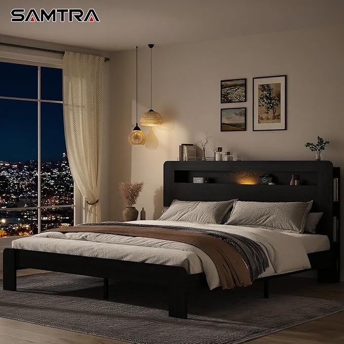 Wooden Bed Frame King Size with Storage Headboard - Farmhouse Platform Bed Frame with Bookcase Shelf & Led Lights, Sturdy Wood Slat Framework Bed Frame (Black LED)