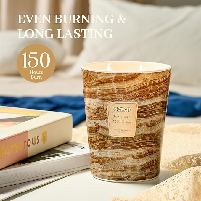 M&SENSE Extra Large Candle 35oz 150H Espresso Hot Fudge Scented Candle, 3 Wick Highly Scented Jar Candle, XL Candles Gift for Stress Relief, Meditation, Yoga