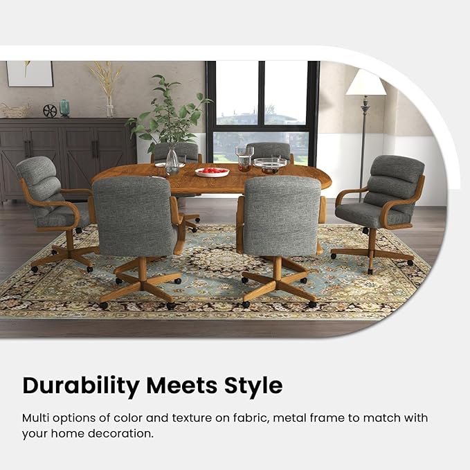 Chromcraft Douglas Set of 1 Casual Dining Chairs Classic Swivel Tilt Dinning Chairs with Casters, Wooden Arm Metal Pedestal Base Chairs with Rolling Wheels for Kitchen & Dining Room