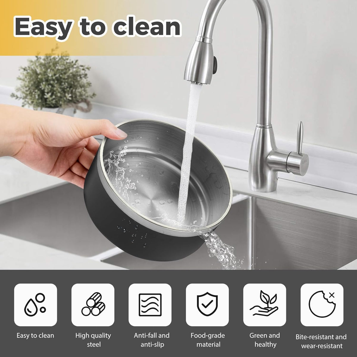 Stainless Steel Dog Bowl, Metal Water and Food Dish for Large Dogs, Insulated Non-Slip Pet Bowl, Easy Clean, 64oz, Black