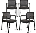 CLATINA Stacking Office Chair with Wheels, Mesh Back Waiting Room Guest Chairs with Arms Comfortable Leather Cushion Stackable Desk Chair for Conference Reception School Side Stationary, Black, 4PK