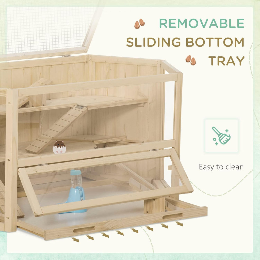 PawHut Wooden Large Hamster Cage Small Animal Exercise Play House 3 Tier with Tray, Seesaws, Water Bottle, Activity Center, Natural