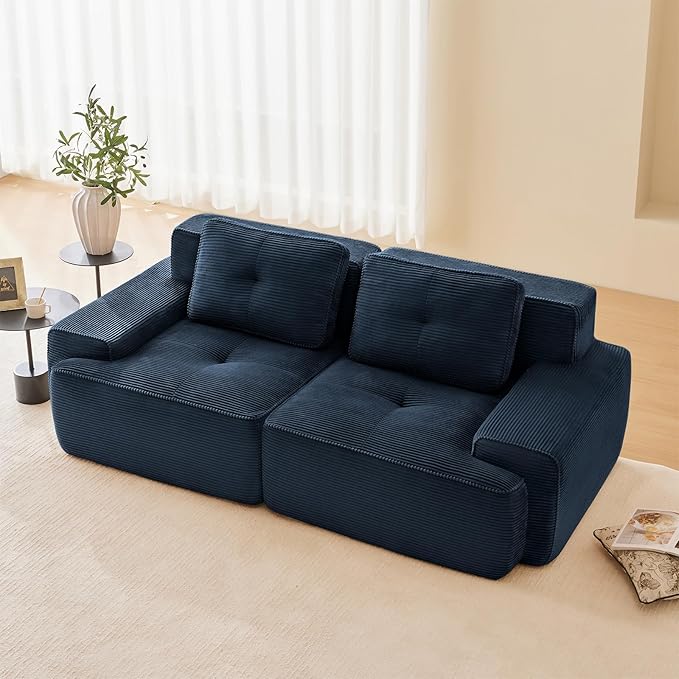 80" Modern Corduroy Boneless Love Seat Couches, 2 Seater Large Sectional Couches for Living Room, Blue Cloud Modular Sectional Sofa, Memory Foam, Extra Deep Loveseat, No Assembly