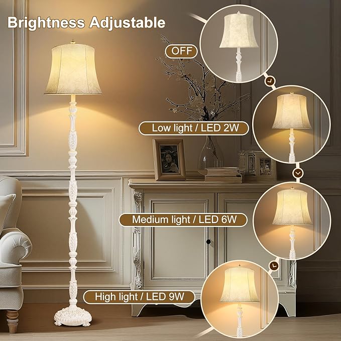 Scenekoy Rustic 66” Wash White Floor Lamp for Living Room Bedroom, Resin Carved Standing Lamp with Faux Leather Shade, Adjustable Bulb, Rotary Switch Rustic Lamp Decor for Home Room Office