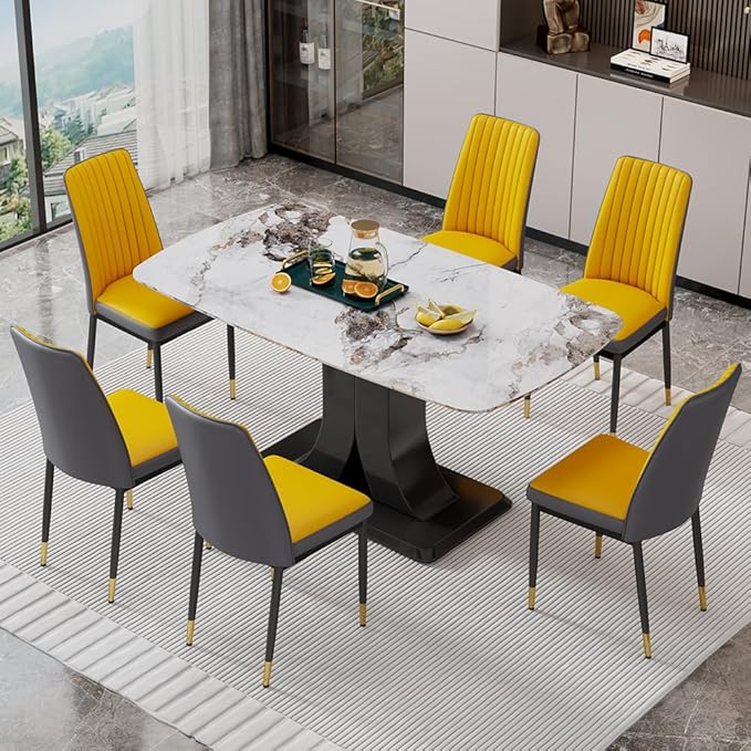 Modern Dining Table Set for 6, Marble Kitchen Table Chair Set for 6, Rectangular Kitchen Table with 6 Pu Leather Upholstered Chair for Dining Room