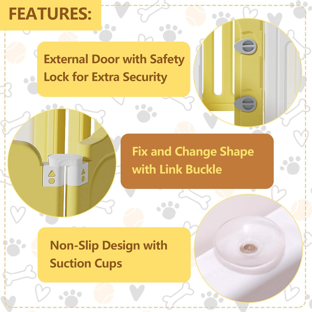 Foldable Dog Play Pen Indoors, Non-Slip Sturdy Puppy Playpen with Door, 25.5" H 10-Panel Adjustable Shape Dog Fence Pen for Small/Medium Dogs, Thickened, Easy to Store, White+Yellow