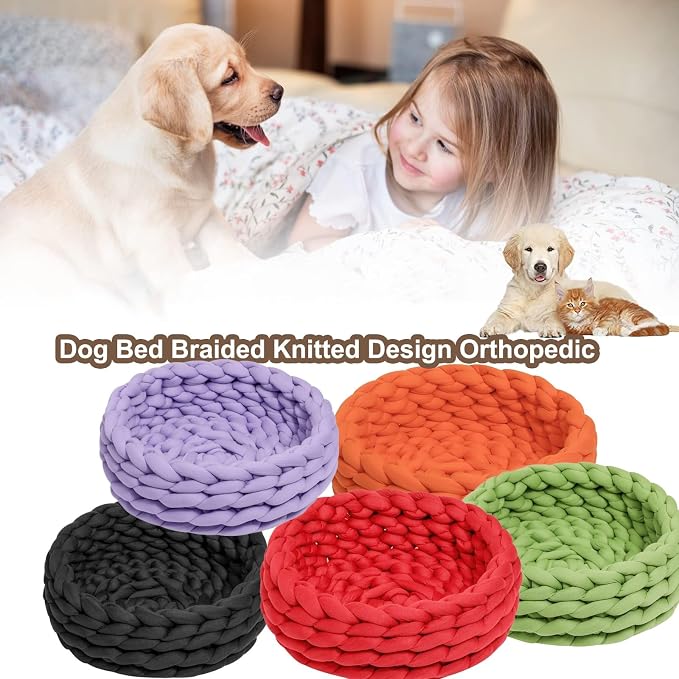 Woven Dog Bed Basket, Knitted Cotton Cat Bed Round Washable Woven Cat Pet Bed Chunky Dog Basket, Orthopedic, Chunky Knit Dog Nest,Dog Bed,Dog Cave,Dog Bedding(Orange,19")