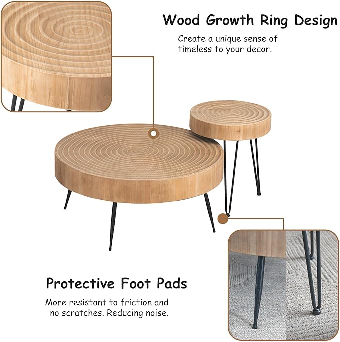 2-Piece Modern Farmhouse Living Room Coffee Table Set, Nesting Table Round Natural Finish with Handcrafted Wood Ring Pattern