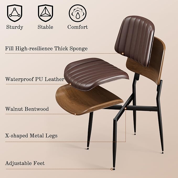 Dining Chairs Set of 6, Mid-Century Modern Upholstered PU Leather Chairs with Walnut Bentwood Back and Metal Legs Adjustable Feet for Kitchen Dining Living Room, Dark Brown Vertical Stripes