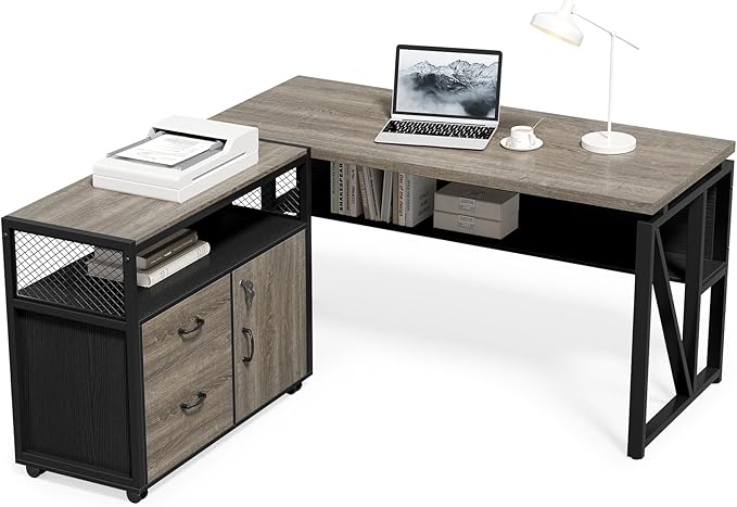 LITTLE TREE 55" Executive Computer Desk and Lateral File Cabinet, L-Shaped Office Desk for Home Office, Furniture Set, Grey