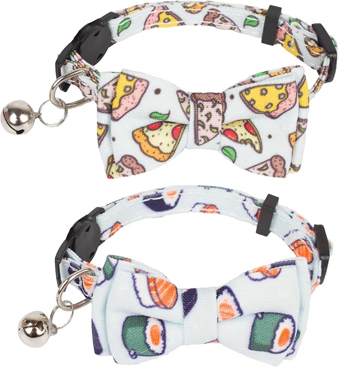 ADOGGYGO Cat Collar Breakaway with Bow Tie Bell - 2 Pack Kitten Collar with Removable Bowtie, Sushi Pizza Bowtie Collar for Cats Kittens (6.5"- 8.5")
