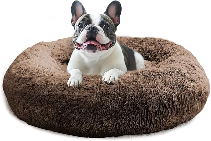 JOLLYVOGUE Calming Dog Bed Medium Size Dog, Anti-Anxiety Donut Medium Pet Bed, 27 inches Fluffy Faux Fur Round Cat Bed (Coffee)
