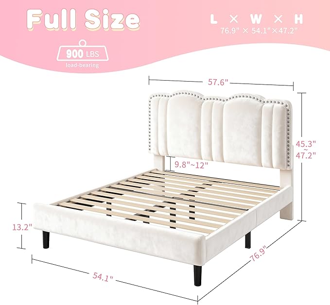 EnHomee Full Size Bed Frame with LED and Velvet Upholstered Headboard, Platform Bed Frame with Height Adjustable Headboard, No Box Spring Needed,Easy Assembly,Cream