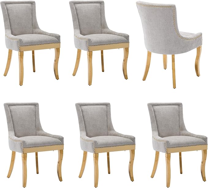 Luxury Fabirc Upholstered Dining Chairs Set of 6,Neutral Chenille Kitchen Room Chair with Nailhead Trim,6 Piece Modern Side Chairs for Dining Room,Living Room,Bar (Beige-Gold, Set of 6)